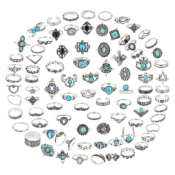 Античное Серебро 85 шт. 85 набор открытых колец-манжет в виде ромба, короны, сердца, луны и цветка со стразами и бусинами из искусственной бирюзы, кольца из сплава для женщин, античное серебро, внутренний диаметр: 14~19 мм, 1 шт / стиль