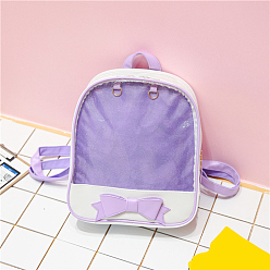 Lilac Cute Bowknot PU Leather Backpacks, with Clear Window, for Women Girls, Lilac, 31x27x10cm