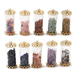Смешанные камни Стеклянная трубка с бусинами из натуральных и синтетических драгоценных камней внутри подвесок, колонка прелести, с 304 крышками из нержавеющей стали, золотые, смешанные окрашенные и неокрашенные, 32x13 мм, отверстие : 1.8 мм