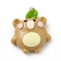 Медведь Непрозрачные подвески смолы, мультфильм прелести, с железной петлей платинового тона для ожерелья своими руками, Темный хаки, Медведь Pattern, 26x20x9 мм, отверстие : 2 мм