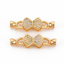 Real 18K Gold Plated Brass Micro Pave Clear Cubic Zirconia Fold Over Clasps, Nickel Free, Bowknot, Real 18K Gold Plated, 9.5x15x7mm, Clasp: 11.5x6x5.5mm, Inner Diameter: 3.5mm