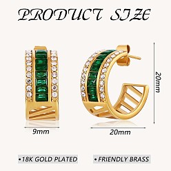 Green Cubic Zirconia C-shape Stud Earrings, Gold Plated 430 Stainless Steel Half Hoop Earrings for Women, Golden, 20x9mm, Pin: 1mm