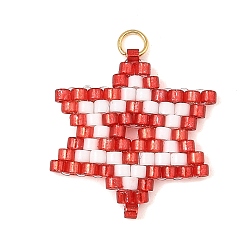 Rot Glasperlen Anhänger, Sterne-Charme, mit offenen Biegeringen aus 304 Edelstahl, rot, 21x20x2 mm, Bohrung: 2.7 mm