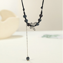 Прусский Синий Длинные ожерелья с подвеской в виде бабочки из сплава и фарфора в этническом стиле для женщин, античное серебро, берлинская лазурь, 15.75~31.50 дюйм (40~80 см)