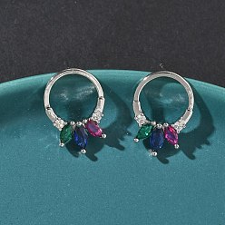 Платина Латунные микро проложить серьги стержня кубического циркония, конский глаз с кольцом, стойки покрытие, долговечный, без кадмия и без свинца, платина, 18.5x13 мм