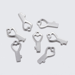 Stainless Steel Color Tarnish Resistant 304 Stainless Steel Pendants, Key, Stainless Steel Color, 16x8x1mm, Hole: 2mm