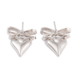 Платина Серьги-гвоздики из латуни с бантом и стойкой, женские серьги с подвесками в форме сердца, без кадмия и без свинца, долговечный, платина, 20x18 мм