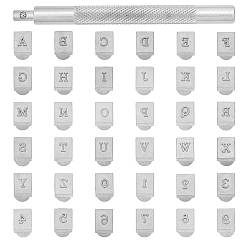 Нержавеющая Сталь Цвет Наборы инструментов для тиснения кожи, включая номер из легированной стали и головку с буквенным штампом, цвет нержавеющей стали, 140x88x18 мм, штампы: 13.1x10x8 мм, 36 марки / комплект