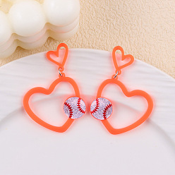 Коралловый Акриловые серьги-подвески на спортивную тематику, сердце с бейсболом, коралл, 57x36 мм