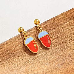 Красный 304 Серьги-гвоздики в форме желудя из нержавеющей стали с эмалью, золотые, красные, 27x10 мм