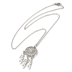 Stainless Steel Color 201 Stainless Steel Pendnat Necklace with Cable Chains, Web with Feather, Stainless Steel Color, 19.61~19.65 inch(49.8~49.9cm)