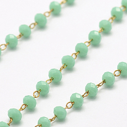 Аквамарин Ручной цепи стекло бисером, пайки, с катушкой, с необработанной (без покрытия) латунной фурнитурой, без никеля , граненые, рондель, аквамарин, 2.5~3 мм, около 32.8 футов (10 м) / рулон