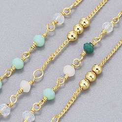 Разноцветный Латунные цепочки ручной работы, с гранеными линзами, латунные бусины и катушка, пайки, долговечный, реальный 18 k позолоченный, красочный, 1.7x1.3x0.4 мм, шарики: 3.5x2.5~3 мм и 3 мм, около 32.8 футов (10 м) / рулон