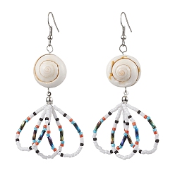 Shell Shape Flower Glass Seed Beaded Dangle Earrings for Women, with Natural Shell, Marine Theme, Shell Shape, 80x30mm