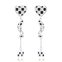 Platinum Enamel Checkerboard Heart & Twist & Cube Dangle Stud Earrings with Rhinestone, Brass Tassel Drop Earrings for Women, Platinum, 48.5x12.3mm, Pin: 0.9mm