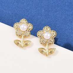 Настоящее золото 18K Серьги-гвоздики в форме цветка с микропаве из прозрачных кубических цирконий из латуни, с пластмассовой жемчужиной abs, долговечный, стойки покрытие, реальный 18 k позолоченный, 16.5x10.5 мм