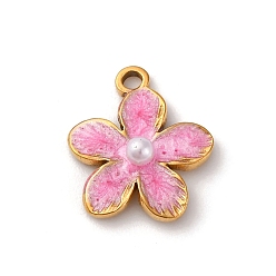 Pink 304 из нержавеющей стали шармы эмали, , с имитацией жемчуга, золотые, розовые, 13.5x12x3.5 мм, отверстие : 1.4 мм