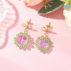 Сливовый Серьги-гвоздики с подвесками из цветочного стекла, с цилиндрическим бисером и стеклянным бисером, золотые, слива, 38x24 мм