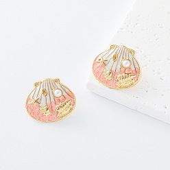 Shell Shape 304 aretes esmaltados de acero inoxidable para mujer, dorado, con perlas de imitación, shell forma, 26x22 mm