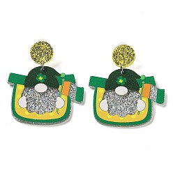Green Saint Patrick's Day Sparkling Acrylic Dangle Stud Earrings, Gnome, Green, 56.5x47mm