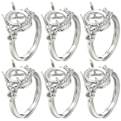 Платина 6шт. регулируемые латунные микро-паве прозрачные кубические циркониевые компоненты кольца для пальцев, 4 настройки кольца зубца когтя, долговечный, овальные, платина, внутренний диаметр: 16.8 мм, лоток : 10x8 мм