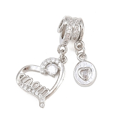 Платина Подвески из латуни с микро паве ко Дню матери, прозрачные подвески с кубическим цирконием, сердце с мамиными подвесками, стойки покрытие, долговечный, без свинца и без кадмия, платина, 31 мм, отверстия : 3 mm и 4 мм, Сердце: 11x8x3 мм и 18x15x3 мм