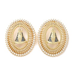 Настоящее золото 18K Латунные микро проложить кубического циркония подвески, стойки покрытие, долговечный, без свинца и без кадмия, овал со святым шармом, реальный 18 k позолоченный, 39x31x5 мм, отверстие : 9x3 мм