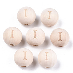 Letter I Unfinished Natural Wood European Beads, Large Hole Beads, Laser Engraved Pattern, Round with Word, Letter.I, 15~16x14~15mm, Hole: 4mm
