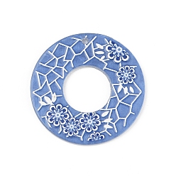 Плоский Круглый Непрозрачные печатные рельефные акриловые подвески, синий и белый фарфоровый узор, плоско-круглые, 37.5x2.5 мм, отверстие : 2 мм, внутренний диаметр: 15.5 мм