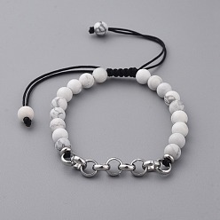 Howlite Natural Howlite Braided Bead Bracelets, with 304 Stainless Steel Rolo Chains and Nylon Thread, 1-7/8 inch~3-3/8 inch(4.9~8.5cm)