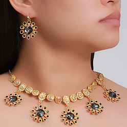 Черный Комплекты из ожерелий с подвесками из сплава и стекла и серег-гвоздиков, цветок, чёрные, колье: 18.50 дюйм (47 см)