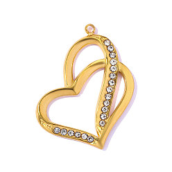 Настоящее золото 18K 304 из нержавеющей стали горный хрусталь подвески, двойное очарование сердца, ионное покрытие (ip), долговечный, реальный 18 k позолоченный, 28x18 мм, отверстие: 1.40 мм