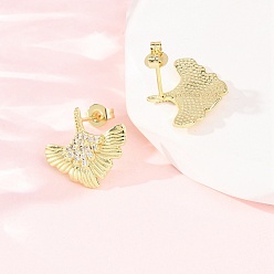 Золотой Серьги-гвоздики из латунного микро-паве, лист, без кадмия и без свинца, стойки покрытие, долговечный, золотые, 14.5x16 мм