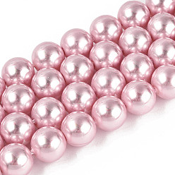 Pink Гальванизированные стеклянные бусины, имитирующие жемчуг, круглые, гальваническое покрытие, розовые, 10.5 мм, отверстие : 0.7~1 мм, около 37~38 шт / нитка, 14.57~15.16 дюйм (37~38.5 см)