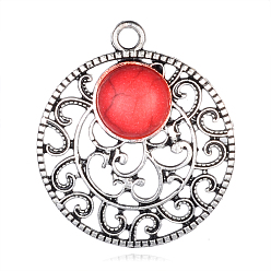 Orange Red Alloy Pendants, with Synthetic Turquoise Gemstones, Dyed, Flat Round, Antique Silver, Orange Red, 31x28x6mm, Hole: 3mm