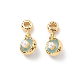 Настоящее золото 18K Латунь эмаль прелести, с абс имтация жемчужина, плоские круглые прелести, без кадмия, без никеля и без свинца, реальный 18 k позолоченный, 7x6x6 мм, отверстие : 1.8 мм