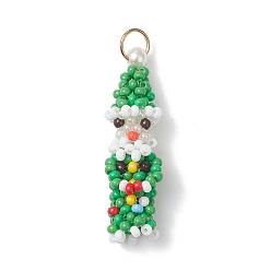 Зеленый Пасхальные подвески-гномы из стеклянного бисера, с открытыми пружинными кольцами из нержавеющей стали 304, зелёные, 34.5~36.5x10.5~11.5x10~11 мм, отверстие : 4.5 мм