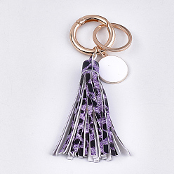 Plum PU Leather Tassel Keychain, with Alloy Enamel Pendants, Iron Key Rings and Alloy Spring Gate Rings, Light Gold, Plum, 121~128mm