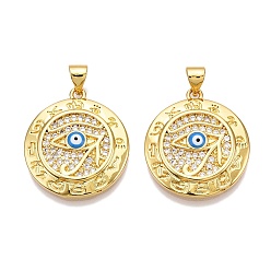 Dodger Blue Brass Micro Pave Clear Cubic Zirconia Pendants, Enamel, Nickel Free, Flat Round, Real 16K Gold Plated, Dodger Blue, 23x21x3mm, Hole: 2x5mm