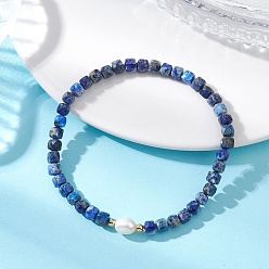 Ляпис-Лазурь Браслеты из натуральных кубических бусин лазурита для женщин, с овальной жемчужной бусиной и латунными бусинами, реальный 18 k позолоченный, внутренний диаметр: 2.05 дюйм (5.2 см)