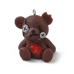 Медведь Подвески из непрозрачной смолы на Хэллоуин, с платиновыми тоновыми железными петлями, медведь, 33.5x28x23 мм, отверстие : 2 мм