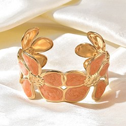 Цветок 304 Открытые браслеты-манжеты из нержавеющей стали с эмалью для женщин, коралл, реальный 18 k позолоченный, цветок, внутренний диаметр: 2.05x2.32 дюйм (5.2x5.9 см)