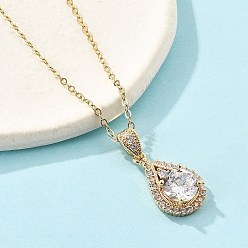 Золотой Латунный микропаве прозрачный кубический цирконий каплевидный кулон ожерелья для женщин, с 304 кабельной цепью из нержавеющей стали, ионное покрытие (ip), золотые, 15.87 дюйм (40.3 см)