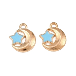 Himmelblau Legierung mit Emaille-Anhängern, Mond mit Sternenzauber, Licht Gold, Himmelblau, 13.5x12x2 mm, Bohrung: 1.5 mm
