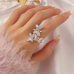 Прозрачный Манжеты из латуни с микро паве кубический цирконий для женщин, бабочка, серебряные, прозрачные, внутренний диаметр: 18 мм