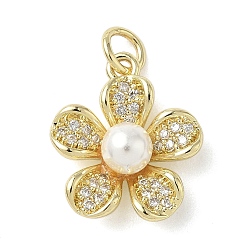 Настоящее золото 18K Латунные микро проложить кубического циркония подвески, с пластиковой жемчужиной и соединительным кольцом, , реальный 18 k позолоченный, 16.5x14.5x6 мм, отверстие : 3 мм