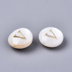 Letter V Natural Freshwater Shell Beads, with Golden Plated Brass Etched Metal Embellishments, Flat Round, Seashell Color, Letter.V, 8x3~5mm, Hole: 0.5~07mm