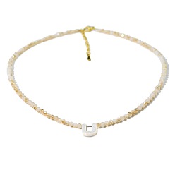 Letter U Natural White Shell Letter Faceted Glass Beaded Necklaces with 304 Stainless Steel End Chains, Real 18K Gold Plated, Floral White, Letter U, 14.96 inch(38cm)