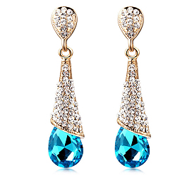 Blue Zircon Real 18K Gold Plated Brass Rhinestone Teardrop Stud Earrings, Blue Zircon, 46x10mm