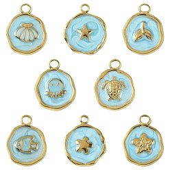Светло-Голубой 8 шт. 8 стили: морские животные 304 подвески из нержавеющей стали, с эмалью, плоские круглые прелести, ионное покрытие (ip), Небесно-голубой, 16.5x12.5~13x2~2.5 мм, отверстие : 1.6~2.5 мм, 1 шт / стиль